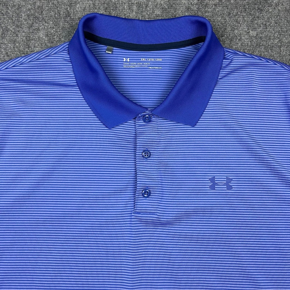 Under Armour Polo Shirt Mens 2XL Blue Striped HeatGear Loose Fit Short Sleeve